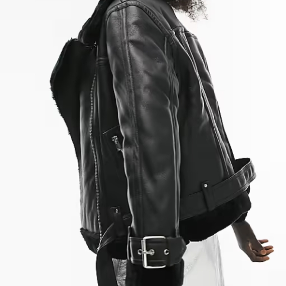 ASOS TOPSHOP Petite faux leather shearling aviator biker jacket in black 10 - Picture 3 of 7